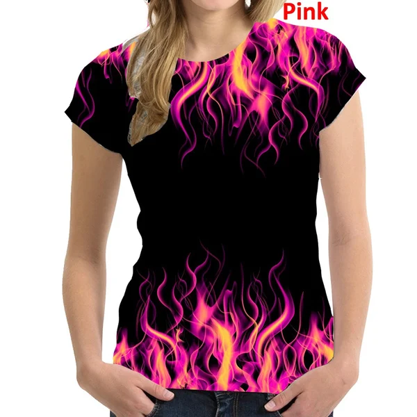Mulheres 3D Chama Impresso T-Shirt de Manga Curta-O-Pescoço Casual Hipster T-Shirt Solta Mulheres Moda Verão T-Shirt