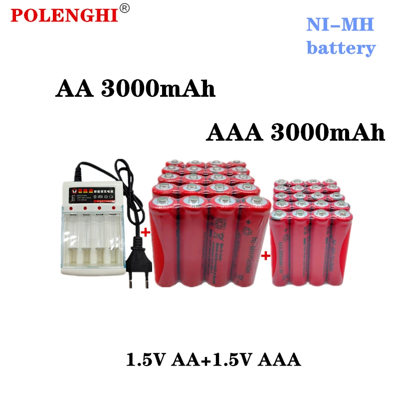 POLENGHI 8-40PCS de 1,5 V AAA 3000mAh+1,5 V AA 3000mAh níquel-hidrogênio pré bateria+carregador, usado para microfone brinquedos
