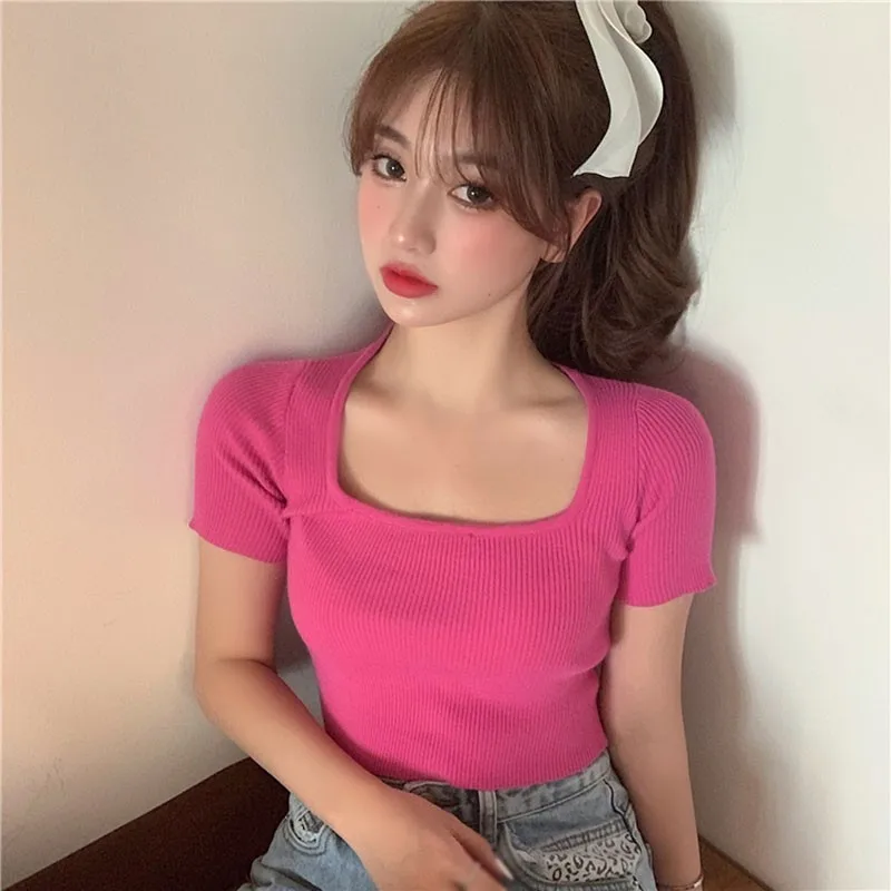 Praça Gola Crop Tops Sólido de Manga Curta de Malha Slim Pulôver T-Shirt de Verão de Mulheres Estilo coreano