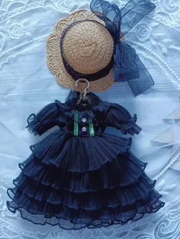 BJD Boneca com roupas adequadas para a 1/6 Blythe 20cm de algodão boneca tamanho do laço Preto de manga curta vestido + chapéu de boneca acessórios