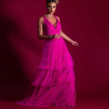 Vintage Longo cor-de-Rosa com Decote em V Vestidos de Noite de Uma Linha Brasileiro de V-Pescoço Pequeno Trem فساتين السهرة Vestidos de Baile para as Mulheres