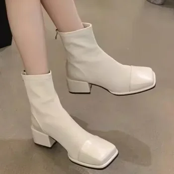 Sapatos para as Mulheres 2023 Venda Quente Zíper Botas femininas Outono Dedo do pé Quadrado Sólido Meados de Bezerro Chunky Salto de Cano Curto Botas de Moda