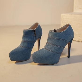 2024 Novo Azul Jeans da Moda de Luxo Designer de Festa Sexy da Mulher de Salto Alto Elegante Apontado Zíper Fino Salto Plataforma Sapatos Casuais