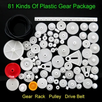 81PCS/Set Novo Plástico Rack Polia de Correia Engrenagem do Conjunto de Kit de Pacote de DIY Acessórios para o Brinquedo Carro Modelo de Robô Motor Vários Engrenagem Eixo