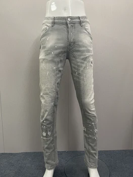 2023 Outono/Inverno Novo dos Homens de Moda de Lavagem e Desgaste Buraco Manchas de Pintura 3D de Corte de Pequenos Pés calça Jeans Preta, Homens