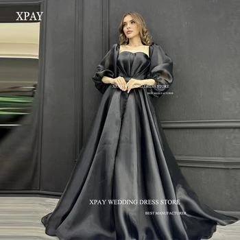 XPAY 2023 Modesto Preto Organza Vestidos de Baile Puff Mangas compridas Sweeetheart Simples de Vestidos de Noite em Dubai Mulheres árabes Vestido Formal
