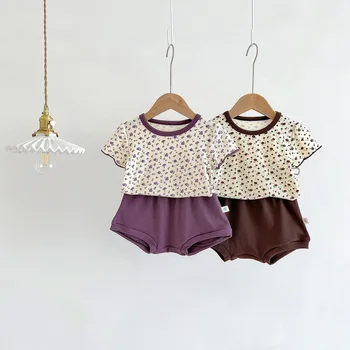 2023 Verão Novo Bebê Meninas de Manga Curta Floral T-shirt+Sólido Shorts de Duas peças de Meninas Infantil Vestuário Conjuntos de Algodão Crianças Terno de Roupa