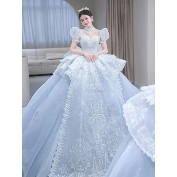 2023 Novo Ice Blue Vestidos De Noiva Brilhante Sequin Vestido De Casamento Com Trem De Luxo Lace Vestido De Baile Vestido De Princesa Para As Mulheres