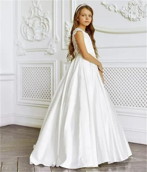Vestido da Menina de flor de Cetim Branco de Renda SleevelessWedding Elegante Flor Filho do Primeiro Princesa Eucaristia Vestido de Festa de Aniversário
