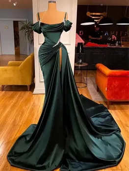 Sexy Verde Escuro de Cetim com Alças finas Pregas de Noiva Sereia de Hóspedes Cocktail, Baile, Vestidos de Noiva Ocasião Especial