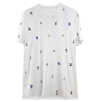 Mulheres de Verão, O Pescoço Fino Doce 3D Frutas Diamantes Esferas de T-shirts Solta Manga Curta Strass Tees Jumpers de Cristal Crop Tops