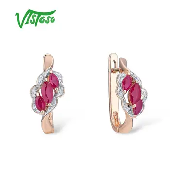 VISTOSO 14K 585 Ouro Rosa Floral Forma de Brincos Para Mulheres Glamourosas Rubi Diamante Espumante Elegante, na Moda de Luxo, Joias Finas