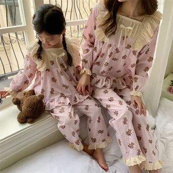 Mãe E Filha Urso Pijama Conjuntos Mulheres Bebê Menina Voltando Para Casa Roupa De Primavera, A Mamãe E A Mim, Tops, Calças De Pijamas Roupas De Dormir